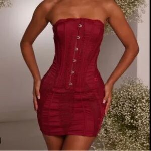Strapless Burgundy Mini Dress with Corset Detailing